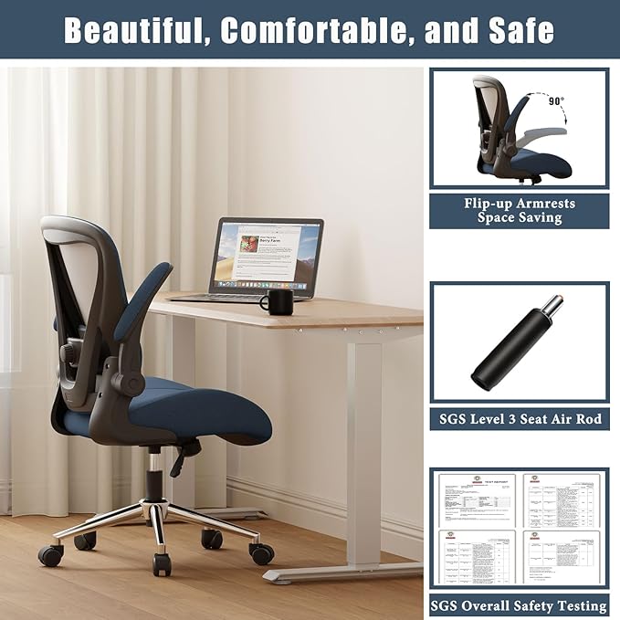 Blue Ergonomic Office Desk Chair, Soft Fabric Thickened Curved seat Cushion with Adjustable Lumbar Support, Perfect Blend of Comfort and Good Looks, Ideal Chair for Home or Office, Navy Blue