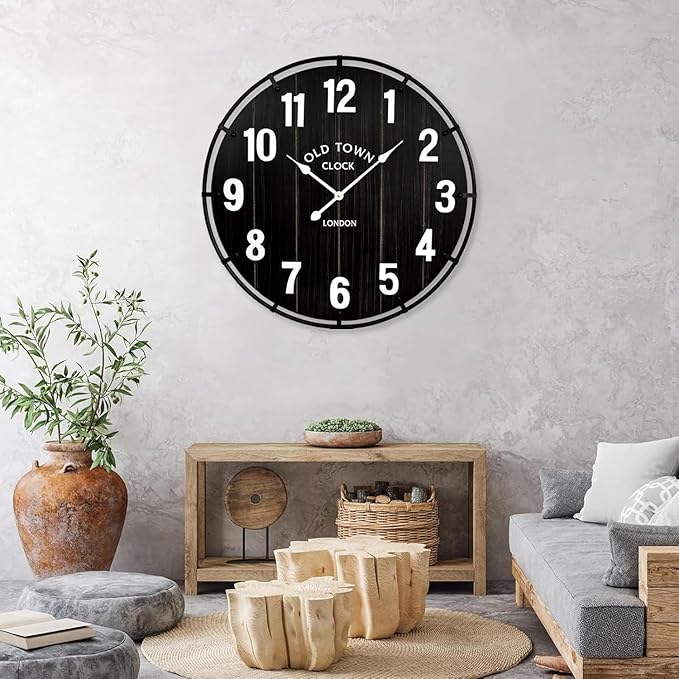Large Old Town Farmhouse Black Wall Clock 30 Inch Rustic Antique Wood with Metal Circle and Large Numerals Silent Battery Operated Wall Clock for Office Kitchen Bedroom Living Room