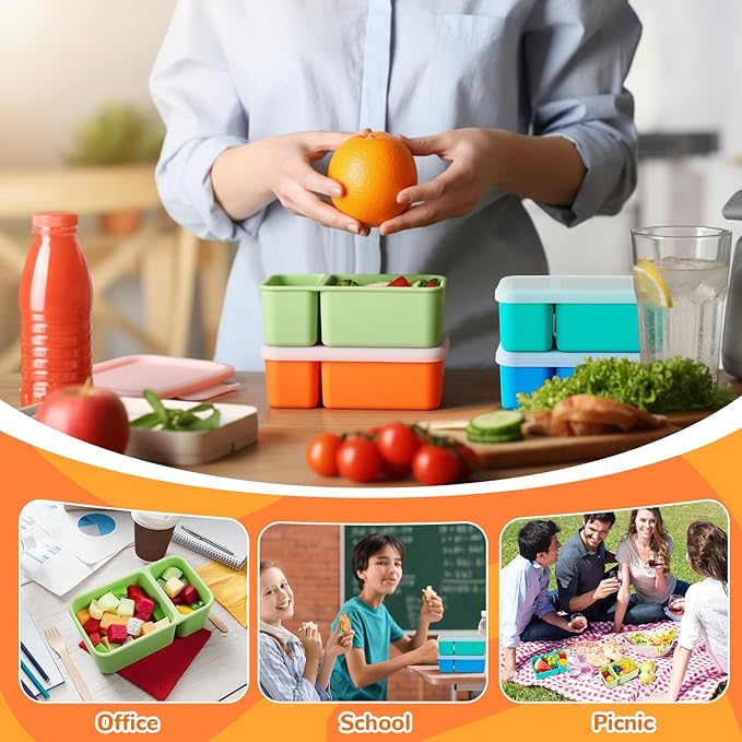 Roshtia 4 Pack Silicone Food Containers with Lids, Reusable Packs Bento Lunch Box for Meal Prep Food Storage, Microwave Dishwasher Safe(2 Compartment,Light)
