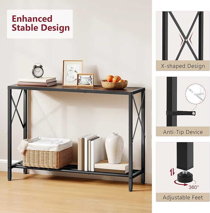 Tajsoon Console Table 41.8”, 2-Tier Industrial entryway Table, Narrow Sofa Table with Shelves, Entrance Table for Entryway, Hallway, Living Room, Foyer, Corridor, Office, Rustic Brown