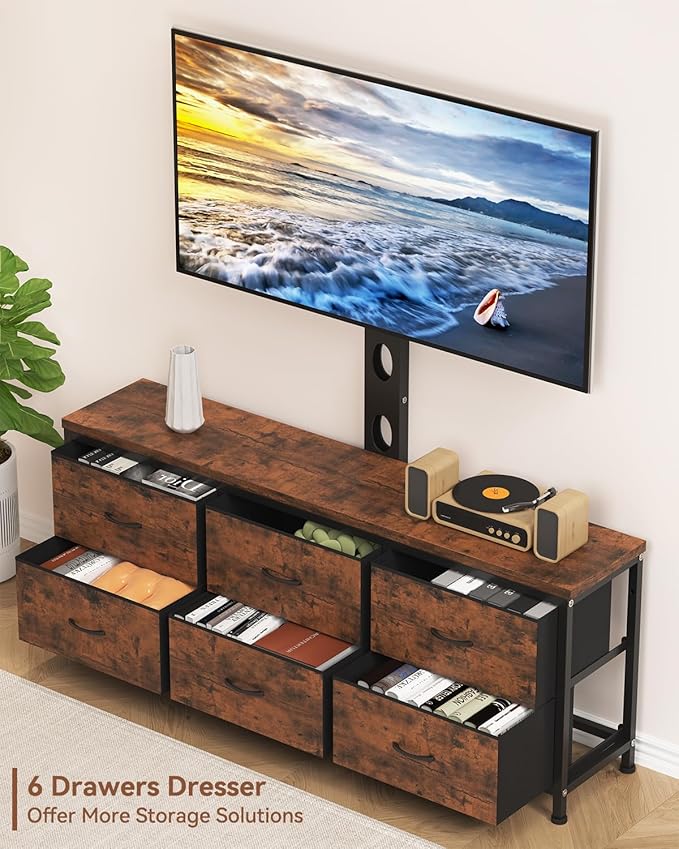TV Stand with Mount, Fabric Dresser with 6 Drawers for 32/45/55/60/65/75 inch TVs, Dresser Entertainment Center, Modern Media TV Console Table