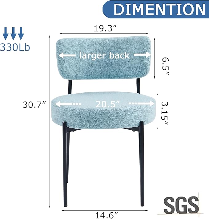 Blue Boucle Dining Chairs Set of 4, Upholstered Dinner Chair with Metal Frame, Dining Room Chairs with Padded Seat, Round Modern Seating for Living Room