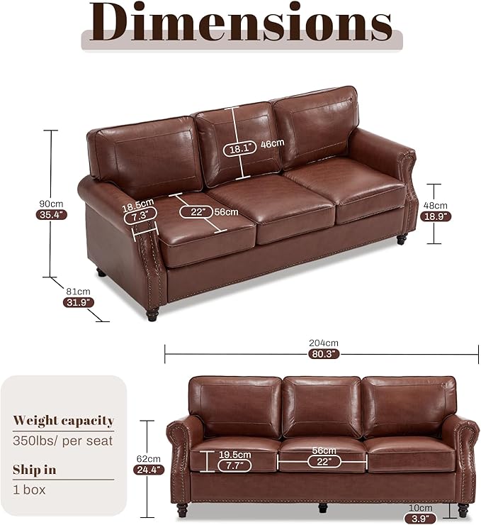 WILLOVE Faux Leather Sofa, Mid Century Modern Couch with Rolled Arm & Nailhead Trim for Living Room, Office - Retro Brown