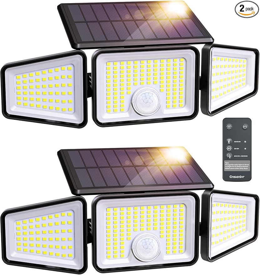 Ensenior Motion Sensor Outdoor Lights, 220 LED IP65 Waterproof Solar Security Light with Remote Control, 3 Heads Solar Flood Light Outdoor with 4 Modes, 270° Wide Angle Motion Light for Outside -2Pack