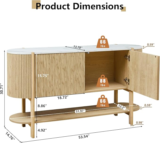 Console Table with Storage, Fluted Entryway Table with 2 Doors and Open Shelf, Long Sofa Table Behind Couch for Living Room, Hallway (Natural)