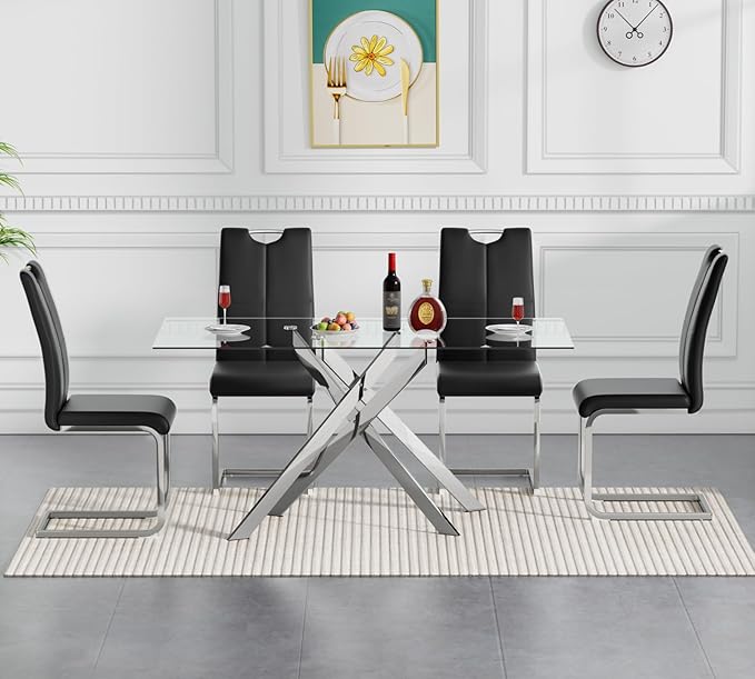 Goujxcy Modern Glass Dining Table Set for 4, Glass Silver Kitchen Table and Chairs Set, 5 Piece Dining Room Table Set with 51" Rectangle Dinner Table and 4 Black Leather Dining Chairs