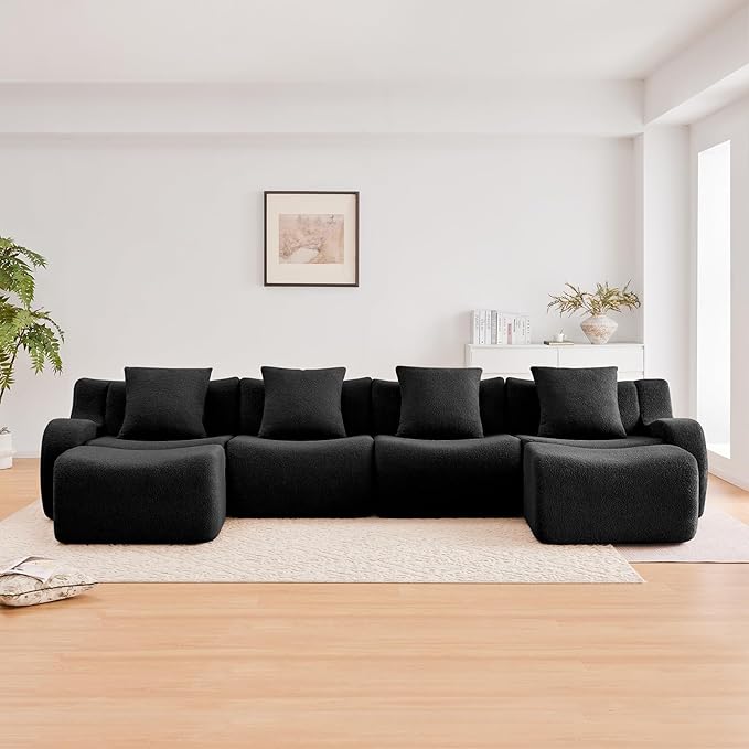 Black U-Shaped Cloud Couch with 2 Ottomans, Modern Teddy Fabric Boneless Sectional Sofa in a Box for Living Room, Modular Floor Couch, Deep Seat, No Assembly Required, Sofas para Sala