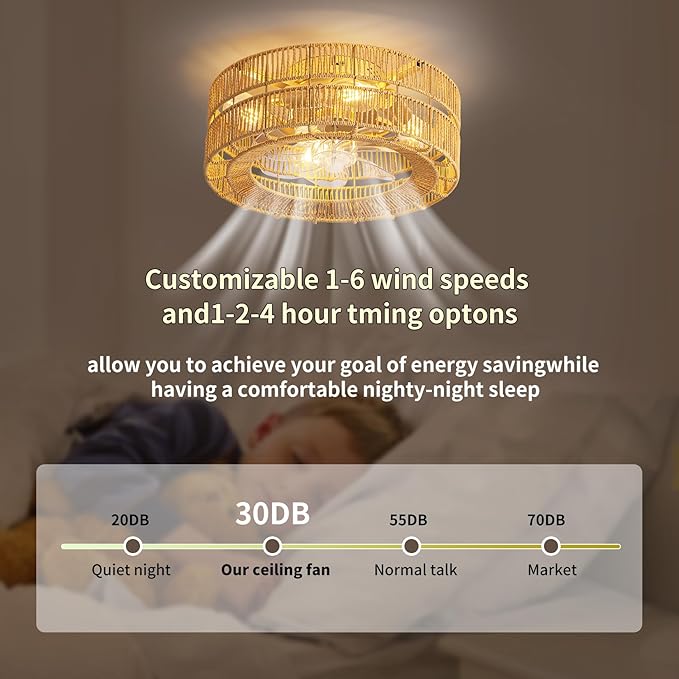 Boho Caged Ceiling Fan with Lights Flush Mount,17.7" Rattan fandelier Ceiling Fan with Remote Control,Layered Farmhouse Low Profile 6 Speeds for Bedroom,Living Room,Kitchen,Dining Room