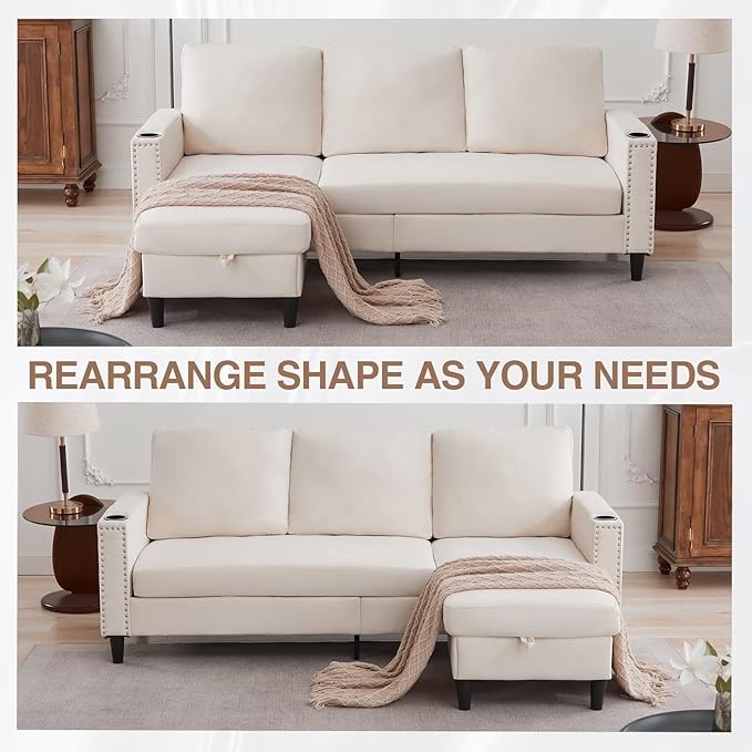 Sectional Couches for Living Room, L Shaped Couch with Storage Ottoman, Small Sofa Comfy Couch with 2 Cup Holders, Modern 3 Seater Convertible Sofas for Apartment, Office, Beige