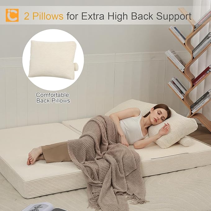 COMAX Convertible Sofa Bed, Folding Floor Couch Corduroy Fold Out Couch Bed Futon Sleeper Mattress with Pillows, Boneless Sofa Comfy Lounge Loveseat for Living Room Bedroom, Beige