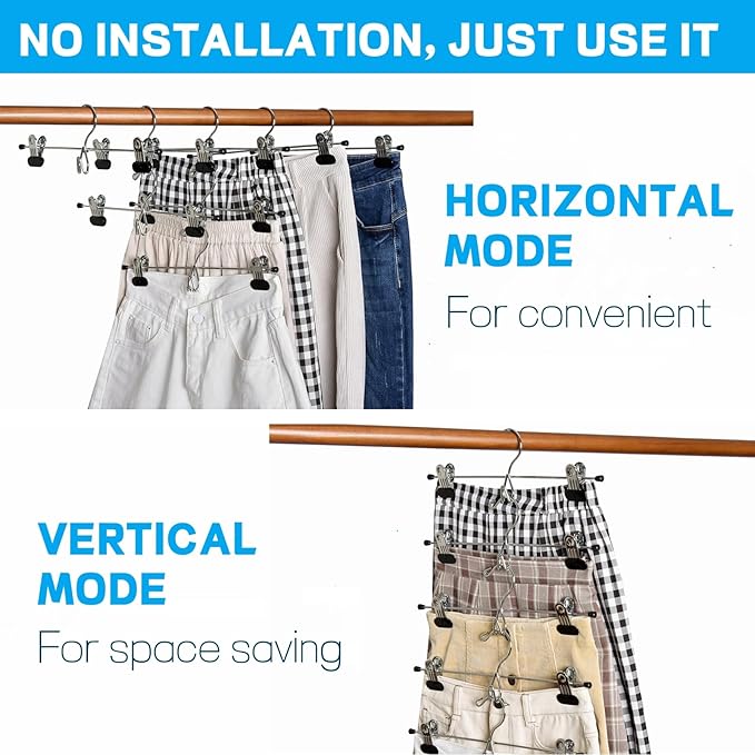 Amber Home 20 Pack Heavy Duty Metal Pants Skirt Hangers, Stackable, Adjustable Clips, Space Saving for Jeans, Slacks