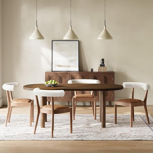 Kmax Dining Room Chairs, Mid-Century Modern Leather Kitchen Chairs with Natural Walnut Finished Frame, Fur White Curved Back, Set of 4, PU Brown