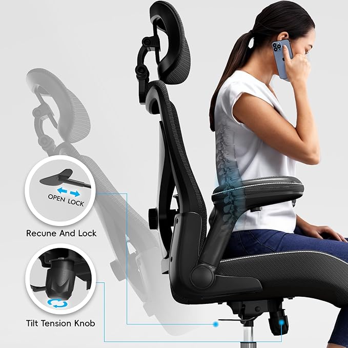 Ergonomic Office Chair-Computer X-Shaped Chair Mesh PU Leather with Adjustable Lumbar Support-Executive Desk Chair High Back with Headrest Flip-Up Arms for Long Hours (Black)