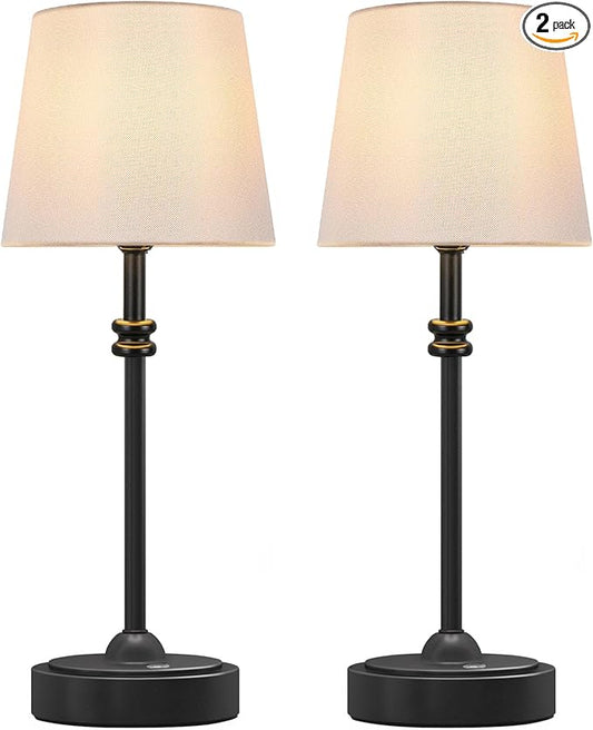 ONEWISH Cordless Table Lamps Set of 2 - Battery Powered Lamp, 4000mAh Rechargeable, Stepless Dimmable, Wireless Lamp with Fabric Shade, Warm Ambient Light for Bedside, Dining, Patio, Bathroom(Black)