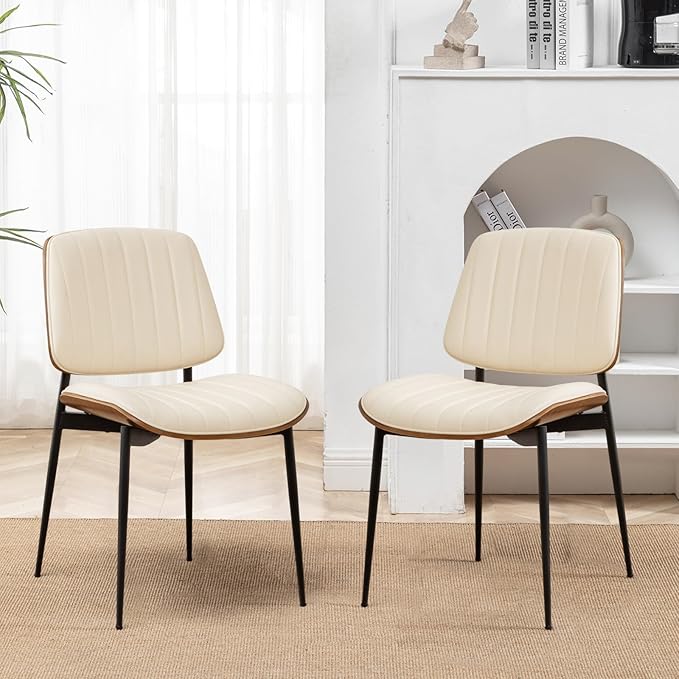 LUNLING Dining Chairs Set of 4 Mid Century Modern Retro Faux Leather Chairs with Walnut Bentwood Upholstered Seat Metal Legs Chair,Adjustable Foot for Kitchen Dining Room Chairs(Beige)