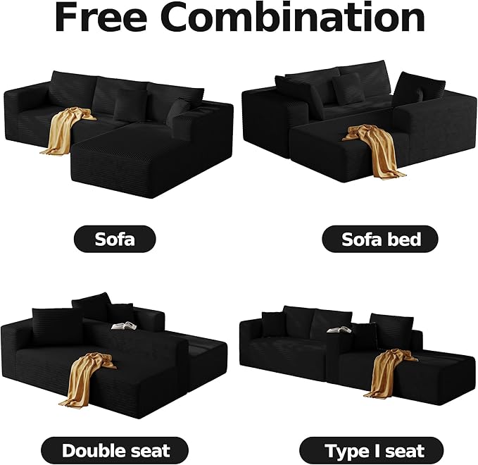 108'' Modular Sectional L-Shaped with Chair,Deep Seat Boneless Corner Couch for Living Room,Plush Corduroy Couch with Detachable Sofa Set,No Assembly(Right Facing Chaise，Black)