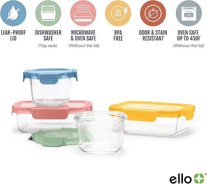 Ello Color Lock 8PC Mixed Glass Food Storage Sets, Leak-Proof Glass Food Storage Containers with Airtight BPA-Free Plastic Lids, Dishwasher, Microwave, and Freezer Safe, Desert Festival