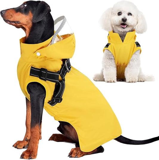 SlowTon Dog Raincoat Waterproof - Dog Rain Jacket with Harness and Hood Lightweight, Reflective Dogs Rain Coat for Large Medium Small Dogs Girl Boy Puppy Poncho Pet Clothes (Yellow, 2XL)