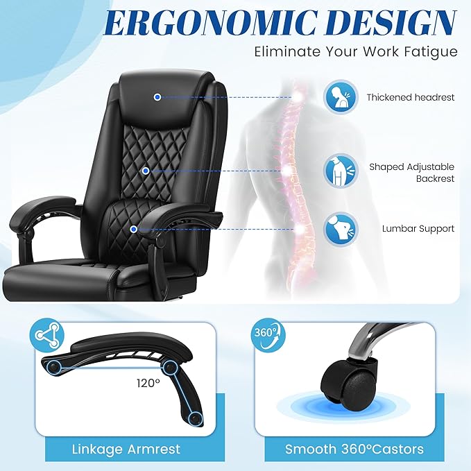 Furmax Office Chair with Footrest Ergonomic High Back Design Executive Computer Desk Chair400lbs, 90-135° Reclining Leather Home Office Desk Chairs Swivel Task Chairs with Wheels(Black)