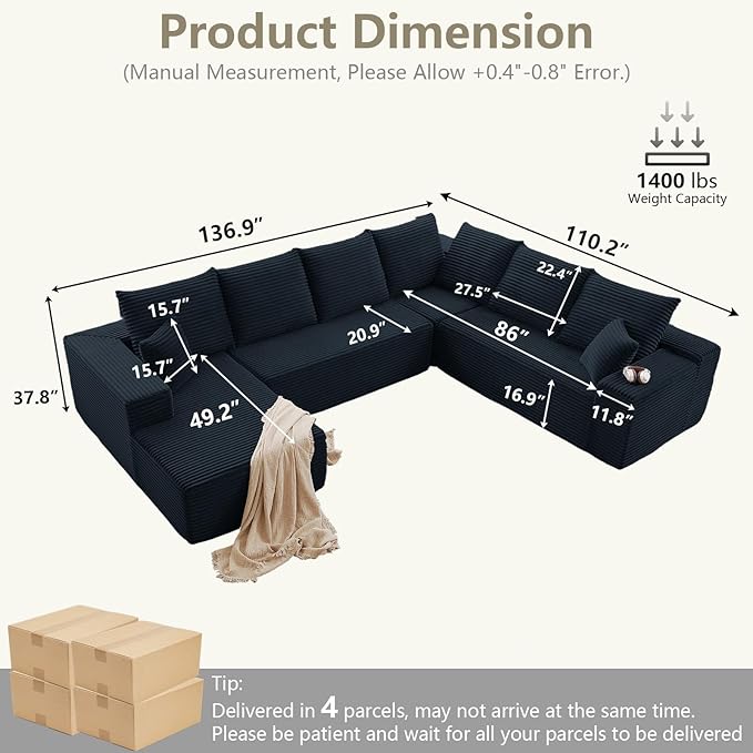 Sectional Cloud Couch with L-Shape Chaise, Upholstered Corduroy Couches Stupendous U Shaped Sofas, Modern Modular Comfy Sofa with Deep Seat for Living Room Bedroom, No Assembly Required, Black