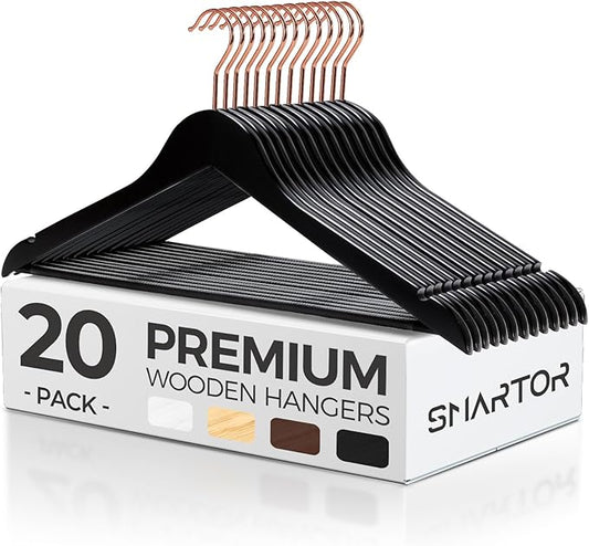 Smartor Wooden Hangers 20 Pack, Solid Wood Coat Hanger for Closet, Heavy Duty Wood Hangers for Suits, Shirts, Dresses, with 360° Rose Gold Hook, Non Slip Pant Bar, Black