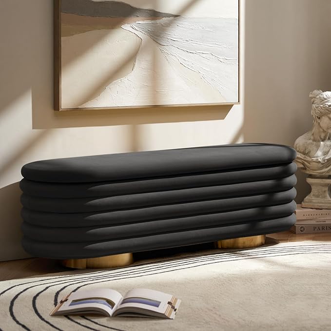 HULALA HOME Velvet Storage Bench, Large Upholstered Ottoman Bench with Button Tufted Design for Living Room, Bedroom, Entryway, or Window, End of Bed Bench with Shoe Storage, Modern Home Decor, Black