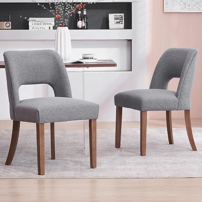 VKNOW Wooden Dining Chairs Set of 2, Modern Fabric Upholstered Dining Room Chair Kitchen Chairs, Farmhouse Dinner Chair for Kitchen Dining Room, Fabric Grey