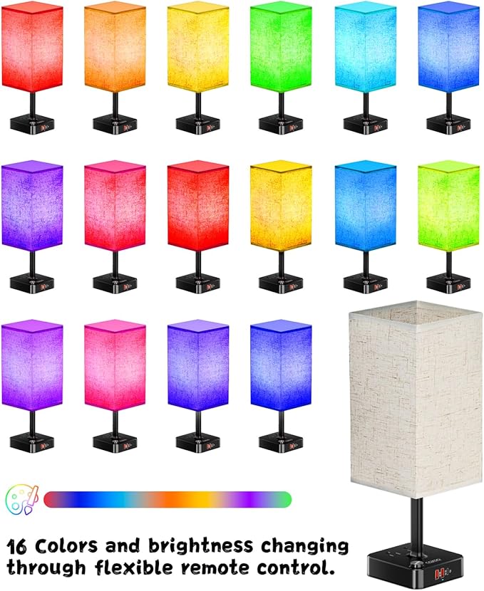 RGB Color Changing Lamp - Multi Color Desk Table Lamp with 2 AC Outlets, Stepless Dimming, Built-in USB-C + USB Charging Ports, Modern LED Bedside Lamp for Bedroom,Living Room, Dorm, or Home Office