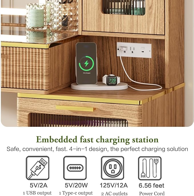 47.24" Big Modern Vanity Desk with Mirror and Lights,Makeup Vanity Desk with 5 Drawers and Storage Shelves & Power Outlet,Dressing Table with Glass Top, Oak