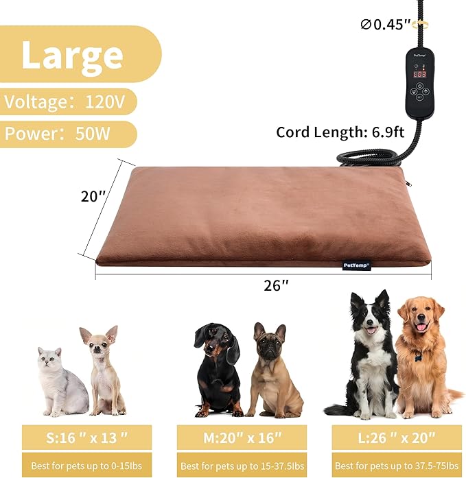 Upgraded Pet Heating Pad, 5 Adjustable Temperature & Timer, Electric Heated Dog Cat Bed for Winter, Auto Power-Off, Waterproof Chew-Resistant (L:26'' x 20'')