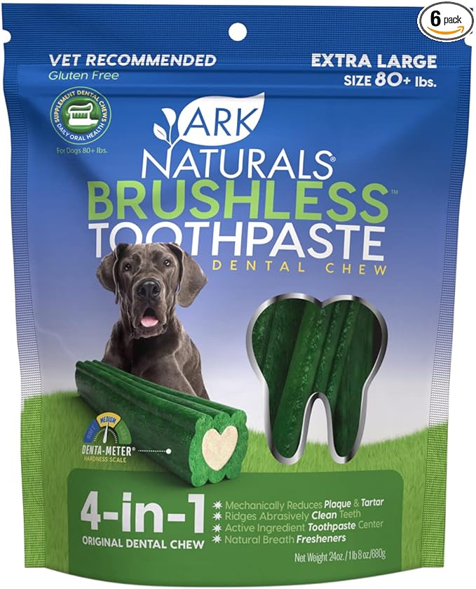 Ark Naturals Brushless Toothpaste, Dog Dental Chews for Extra Large Breeds, Freshens Breath, Unique Texture Helps Reduce Plaque & Tartar, 24oz (Pack of 6)