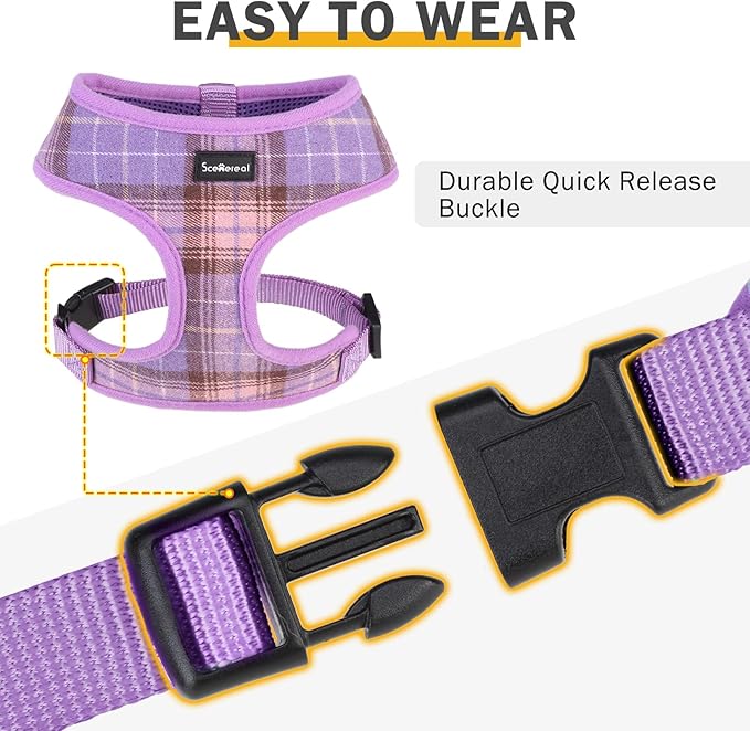 SCENEREAL Puppy Dog Harness with Leash Set for Small Medium Sized Dogs, Soft Mesh Step in Pet Harnesses and Leash, No Chock Plaid Adjustible No Pull Vest for Dogs Cats, Chihuahua,Bulldog (Purple XS)