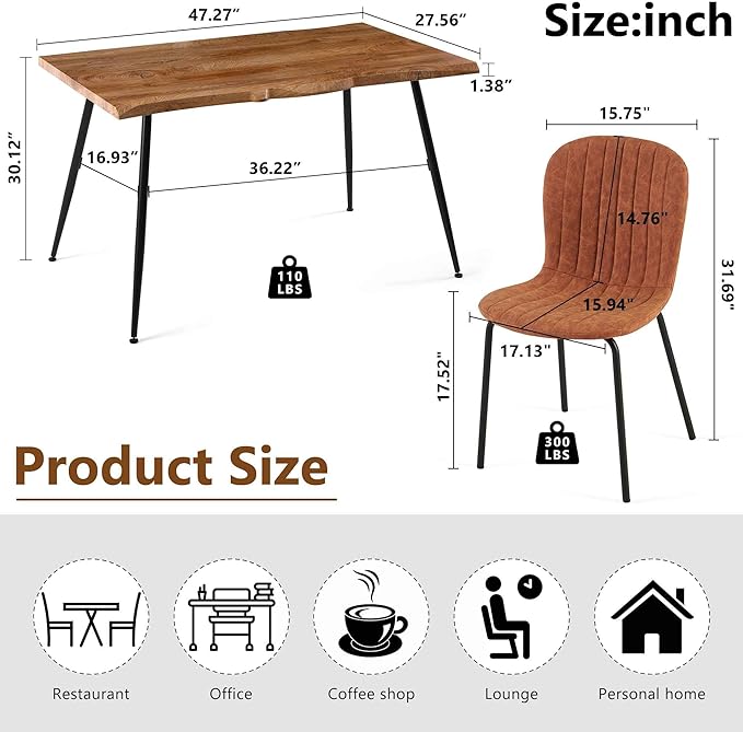 Kitchen Table and Chairs Set-5 PCS Dining Room Table Set for 4 Person, Engineered Wood Table with Irregular Tabletop, 4 Ergonomic Dining Chairs Upholstered Kitchen Chairs