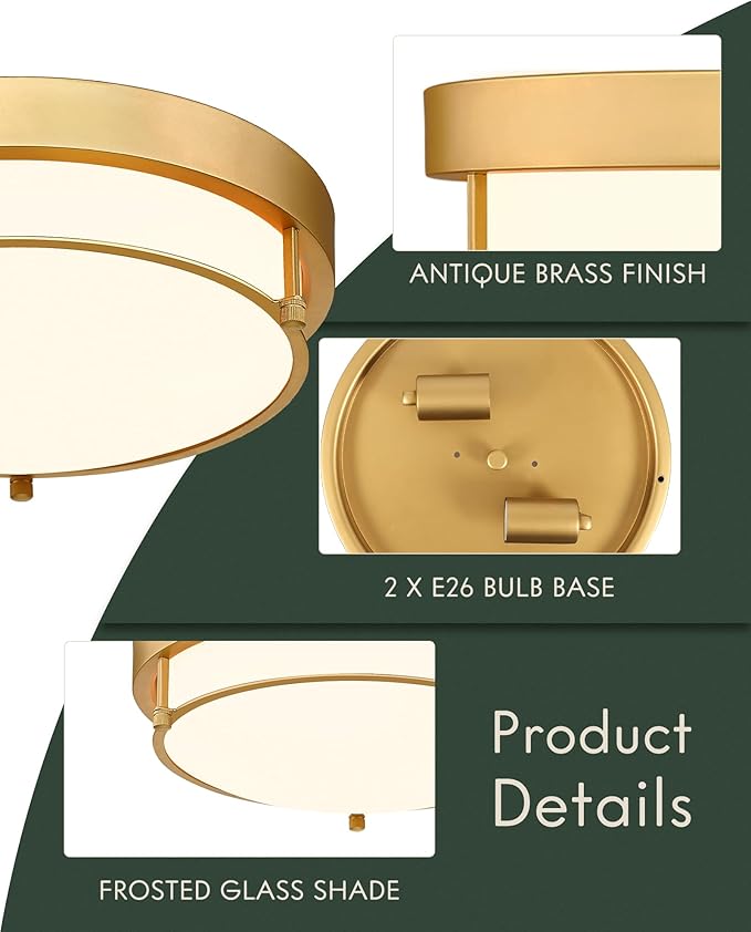 Flush Mount Light Fixture, 12 inch 2-Light Modern Ceiling Light with Brass Gold Finish for Hallway Kitchen Laundry Bedroom, 4822-BB