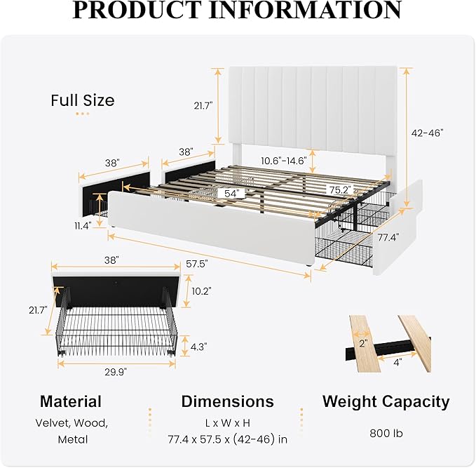 SHA CERLIN Full Size Platform Bed Frame with 4 Storage Drawers, Vertical Channel Tufted Adjustable Headboard, Velvet Upholstered, Wooden Slats Support, No Box Spring Needed, Easy Assembly, White