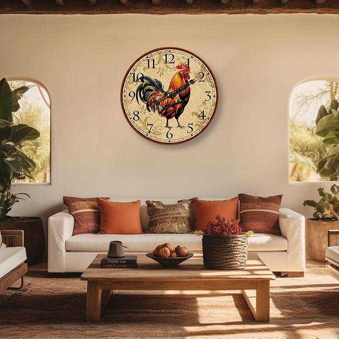 24 inch Rooster Retro Wall Clock Silent NonTicking Easy to Read Clock, Large Battery Operated Decorative Wall Clocks for Kitchen Living Room Bedroom Farmhouse Decoration