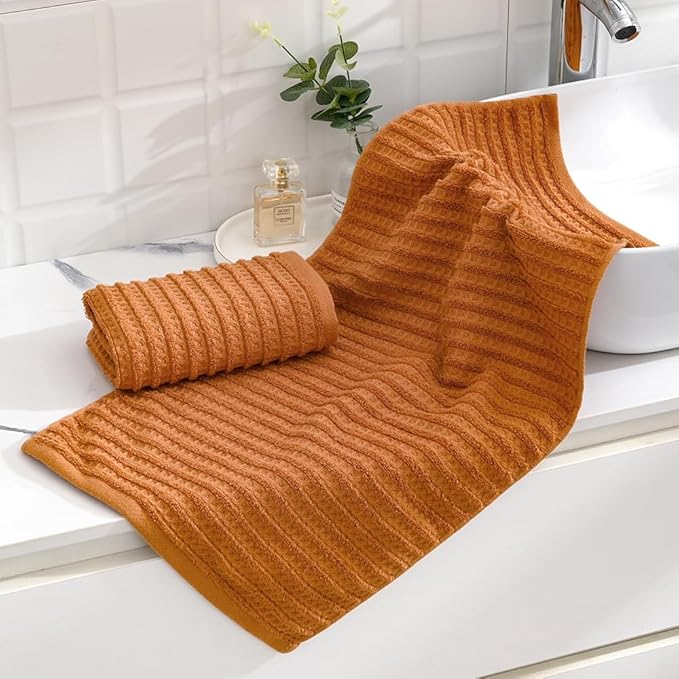 sense gnosis Waffle Hand Towel Striped Pattern Soft 100% Cotton Ultra Absorbent Hand Towels for Bathroom 13 x 29 Inch (Coral Orange, 2 Pieces)