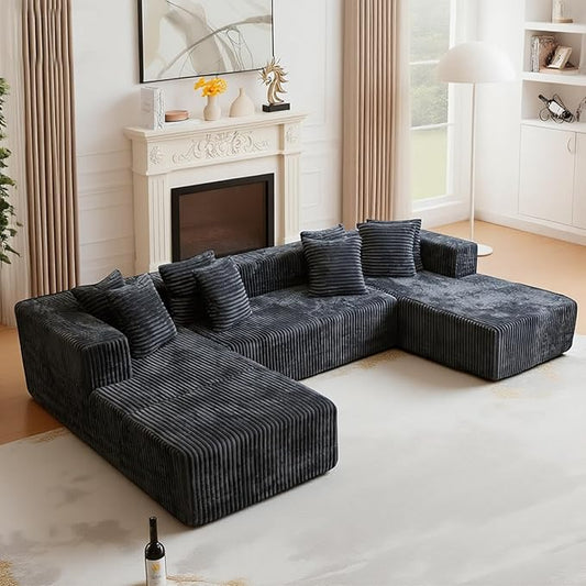 106'' Boneless Couches for Living Room, L Shaped Modular Sectional Sofa with Chaise Lounge, Faux Rabbit Fur & Layered Cushion Deep Seat Cloud Couch, No Assembly (Dark Grey, 130 U Shaped)