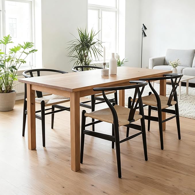 Wishbone Chair Natural Solid Wood Dining Chair/Hans Wegner Y Chair Rattan and Wood Accent Armrest Chairs Set of 2 (Ash Wood - Black + Natural Cord)