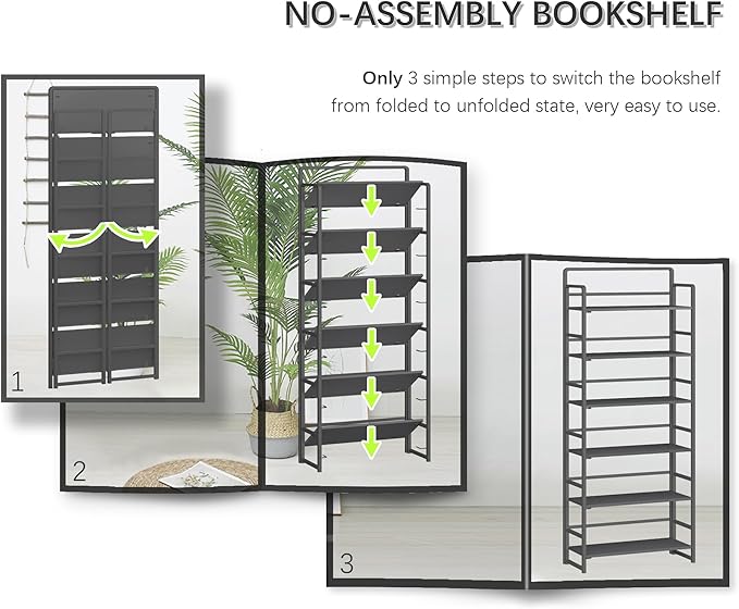 4NM No Assembly 6 Tiers Folding Bookshelf Storage Shelves Vintage Bookcase Standing Racks Study Organizer Home Office (All Black)