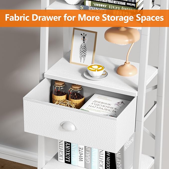 Furologee 5 Tier Bookshelf, Ladder Shelf with Drawer, Tall and Narrow Bookcase, Storage Shelves Organizer,Industrial Display Standing Units for Bathroom,Kitchen,Bedroom,Living Room,White