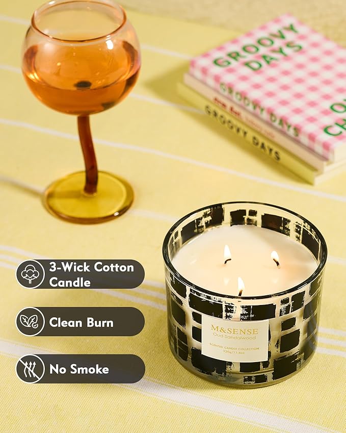 M&SENSE Oud Sandalwood Scented Candle,11.6oz Natural Soy Wax,Non Toxic for Home, 3 Wick Jar Candle, Up to 60 Hours Burn time, Home Decor,Candles for Home Scented