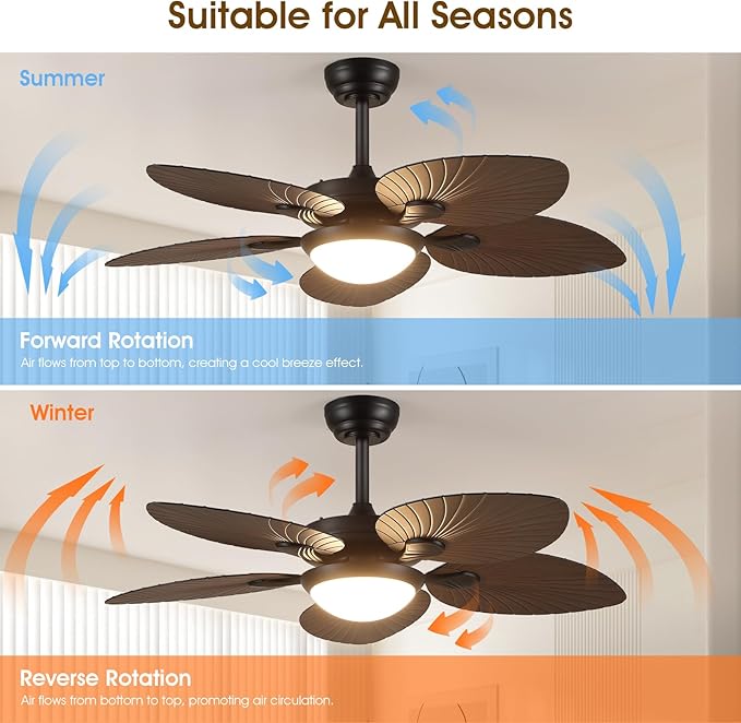 Tropical Ceiling Fans with Lights and Remote/APP Control, 44 Inch Palm Leaf Ceiling Fan with LED Lights, Outdoor Ceiling Fans for Patios Porch, Reversible Quiet Motor, Dimmable, Dark Brown