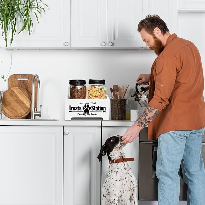 Dog Treat Container Dog Food Container for Dog Food Storage, Farmhouse Cat Food Container Pet Food Storage Organizer, Wood Dog Treat Holder with 2 Plastic Cat Dog Treat Jars, White Cat Treat Container