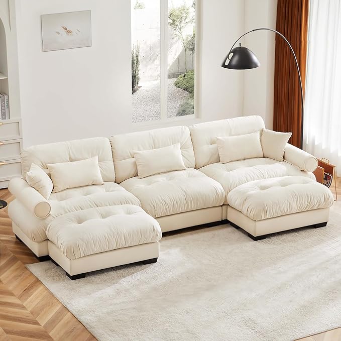130" Oversized 3 Seater Modular Sectional Sofa, Beige White Large U Shaped Sectional Couches for Living Room, Fluffy Couch Set, Velvet Cloud Couch with Ottoman
