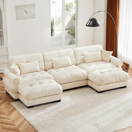 130" Oversized 3 Seater Modular Sectional Sofa, Beige White Large U Shaped Sectional Couches for Living Room, Fluffy Couch Set, Velvet Cloud Couch with Ottoman