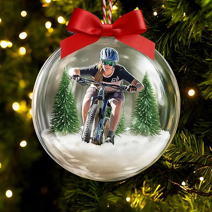 UrbanNEST Personalized Mountain Biking Snow Globe Ornament, Bicycle Ornaments for Christmas Tree, Mountain Bike Ornament, Bicycle Ornaments, Biker Girl Gifts, Gifts for Cyclist, Xmas Decorations