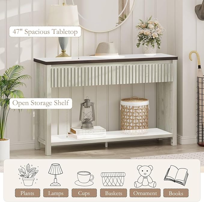 BON AUGURE Entryway Table with Storage, 47In Console Table with 2 Drawers, Two-Tier Sofa Console Tables for Living Room, Modern Hallway Tables, Walnut and Washed Grey Oak