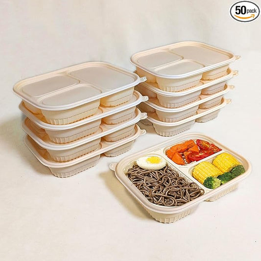 50 Pack of 3-Compartment Disposable Meal Prep Container, 36 Ounce Pre Meal Container, Food Storage Bento Box. Reusable Takeaway Container, Stackable, Microwave Refrigerator Safe.