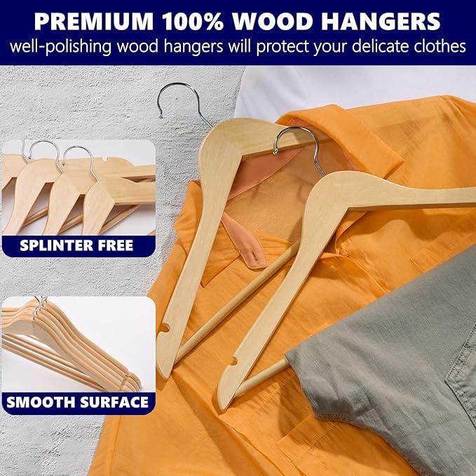 Amber Home 20 Pack Wooden Coat Hangers, Natural Wood Suit Hangers with Non Slip Pant Bar, Clothes Hangers for Shirts, Jackets, Dress, Pant (Natural, 20)